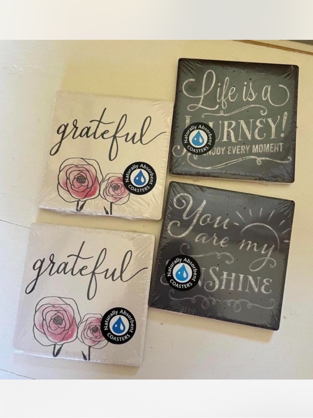 4 NEW GRATEFUL & JOURNEY SOAPSTONE SQUARE COASTERS (NWT)
